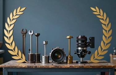 New industrial equipment and heavy tools arranged neatly on a platform with a background of muted blue tones.