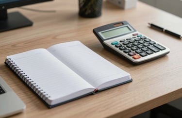 A professional desk with a notebook and a calculator in a clean South American / Brazilian office, representing precision.