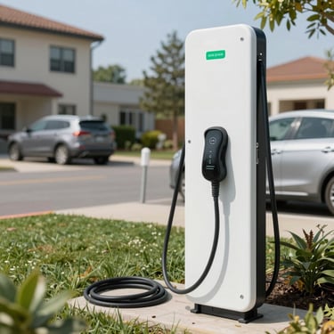 Technician installing a sleek commercial EV charger at a modern retail parking lot under soft evening light.