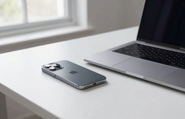 Professional workspace in a North American / US loft, focusing on a high-end smartphone next to a sleek laptop, cool natural lighting, ice white and steel grey.