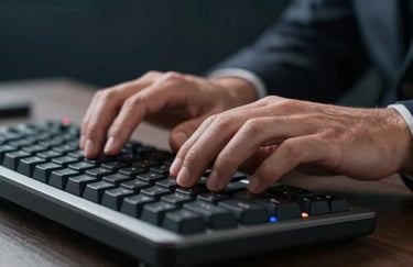 Close-up of the hands of a professional in a North American / US office typing on a premium mechanical keyboard, cinematic lighting, dark obsidian and deep navy background.