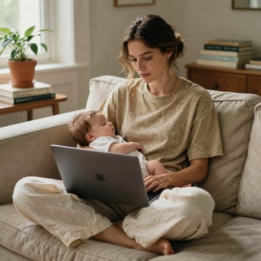 Maman entrepreneuse travaillant à domicile près de son bébé endormi — confort vestimentaire stratégique BEWOOMAN.