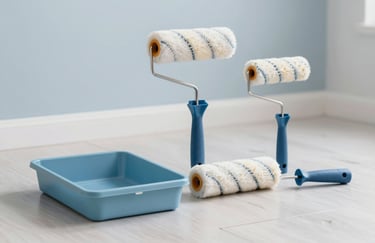 A set of high-quality paint rollers and trays arranged neatly on a clean floor. Lighting is bright and professional. Soft color palette involving #ECEFF1 and #B0BEC5.