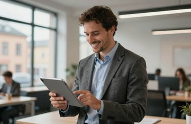 A candid shot of a professional real estate agent in smart casual attire, smiling while looking at a tablet in a bright, modern office space in a Northern European city. The image conveys ease of use and professionalism.