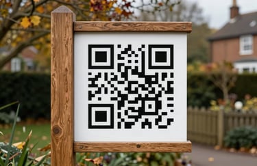 A minimalist, high-contrast shot of a sleek QR code integrated into a stylish wooden property signpost. The background shows a blurred, leafy British suburban garden in autumn. Clean lines and professional composition.