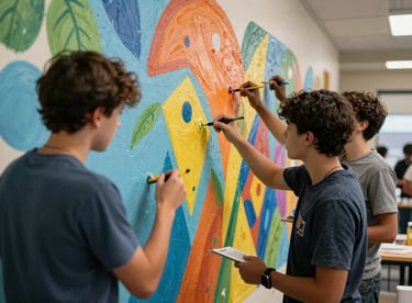 Teenagers working together on a collaborative mural at a local community center in Georgia, North American / US.