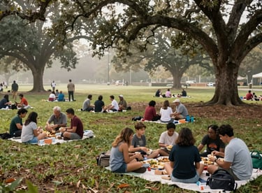 A vibrant community gathering in a Georgia park with families sharing a meal on soft mist white blankets under large oak trees.