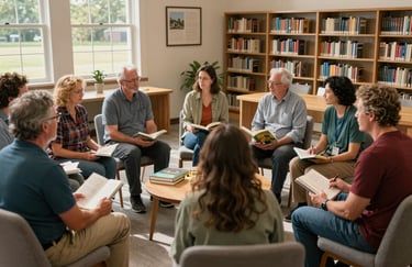 A group of parents sitting in a circle in a sunlit Georgia community library, sharing educational resources and books.
