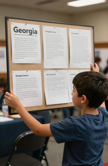 A child presenting an academic project during a community showcase in Georgia, illustrating confidence and achievement.