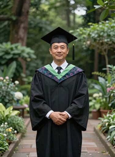 A small, dignified graduation ceremony in a garden with deep forest green decorations and a scholarly atmosphere.