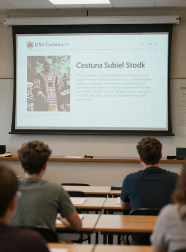An indoor workshop scene in Georgia, North American / US, with a presentation on cultural history using soft, professional lighting.