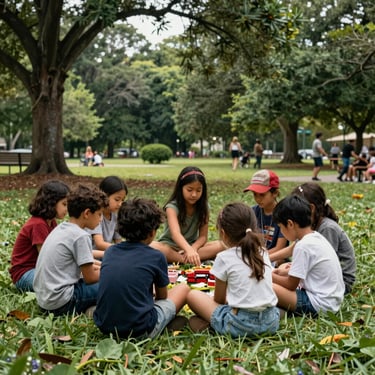 Children engaged in a collaborative heritage project outdoors in a lush Georgia park, conveying teamwork and cultural pride.