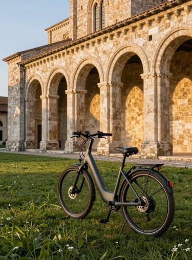 High-end electric bike parked near a historic Romanesque stone church with golden morning light filtering through ancient arches, editorial outdoor photography, 35mm.