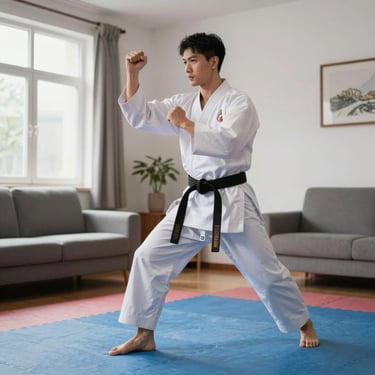 homem usando karategui treinando em casa