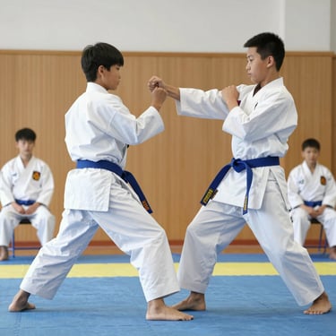 Boys learning karate techniques