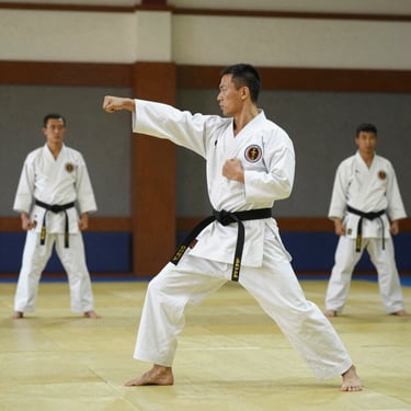 Homem dando soco de karatê em um dojo