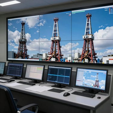 A high-tech control room interior with monitors showing real-time drilling data in steel blue and cloud white tones, International / Global.
