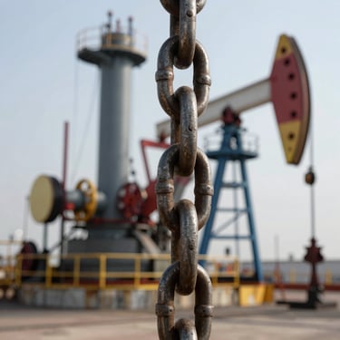 Macro photography of heavy-duty steel chains and industrial rigging equipment on a modern oil platform, International / Global.