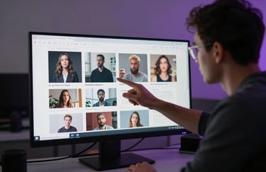 Behind-the-scenes photography of a creative director reviewing content on a large monitor in a North American / US agency. Soft light grey and deep purple lighting highlights.