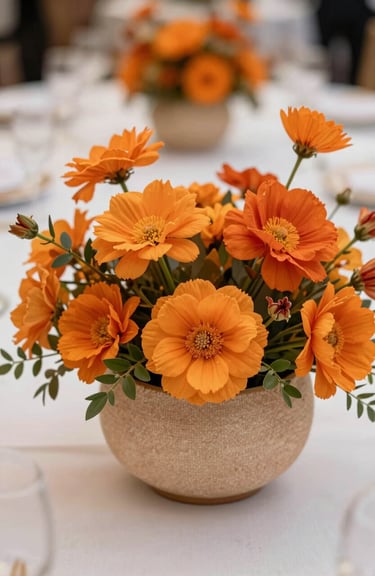 A close-up of a modern table centerpiece with vibrant orange flowers and soft beige accents at a Latin American gala.