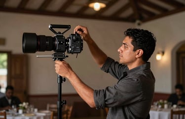 A professional event technician in dark charcoal attire adjusting high-end lighting in a Latin American venue.