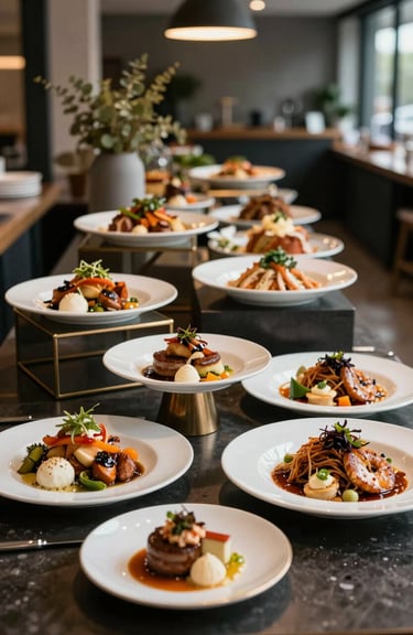 A gourmet catering display with sophisticated presentation in a modern Latin American event space.