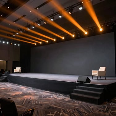 A wide shot of a corporate conference stage with professional dynamic lighting in orange and dark charcoal tones.