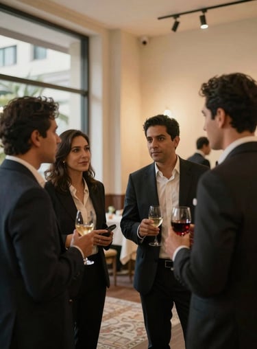 A group of professionals in a Latin American city networking at a sophisticated cocktail event with warm cream lighting.