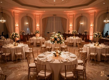 A high-angle shot of a beautifully lit ballroom during a celebration in Latin America with orange and soft beige glows.
