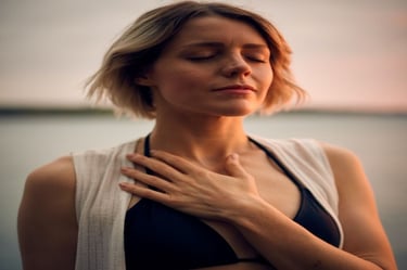 A peaceful woman practices mindfulness and deep breathing during a sunset meditation by the water.