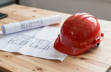 Still life photography of architectural blueprints and a red hard hat resting on a wooden construction table, bright natural light, professional North American office setting.