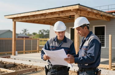 Two construction professionals in North American work attire reviewing plans while standing in front of a newly built fence and patio cover, bright day.