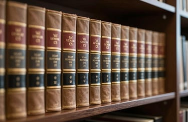 A row of leather-bound law books on a dark wooden shelf in a bright, modern corporate library, symbolizing legal authority and CS expertise.