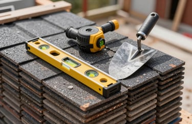Professional construction tools including a spirit level and trowel resting on a stack of high-quality roofing tiles, Western European construction site.