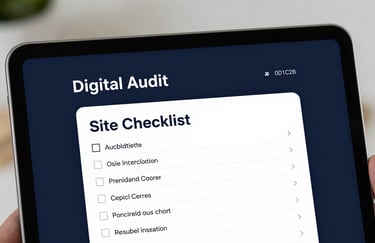 A professional icon-style photograph of a digital site audit checklist on a tablet, featuring a dark navy interface #0D1C2B and clean white typography #F0F2F5.