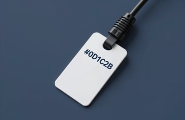 A close-up of a high-visibility compliance tag attached to a black power cable, with professional sharp focus and #0D1C2B background.