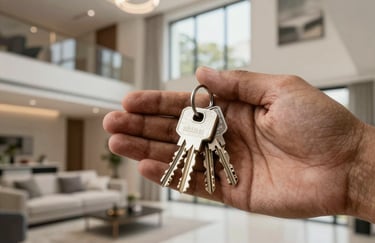 A close-up photograph of a South Asian / Indian hand holding a set of house keys against a background of a modern luxury apartment interior in Noida.