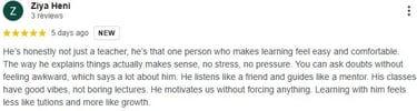 Student review: Ziya Heni on Prince Sir’s mentorship and stress-free Science coaching in Vadodara.