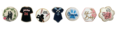 Cookies in various shapes and intricate designs, showcasing artistic decoration and customization special occasions and gifts