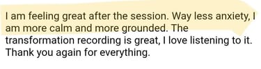 Client email testimonial describing feeling less anxious, calm and grounded after an RTT session