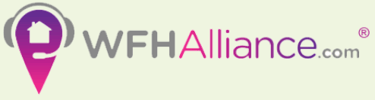 WFHAlliance.com logo featuring a purple map pin icon with a house and headset for remote work.