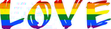 Pride LOVE logo in colour of the rainbow.