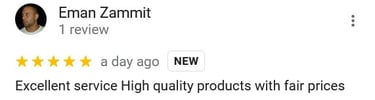 A five-star Google customer review by Eman Zammit praising excellent service and high quality products.