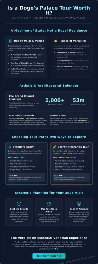 Infographic guide comparing Doge's Palace in Venice to Versailles with travel tips for 2026 tours.
