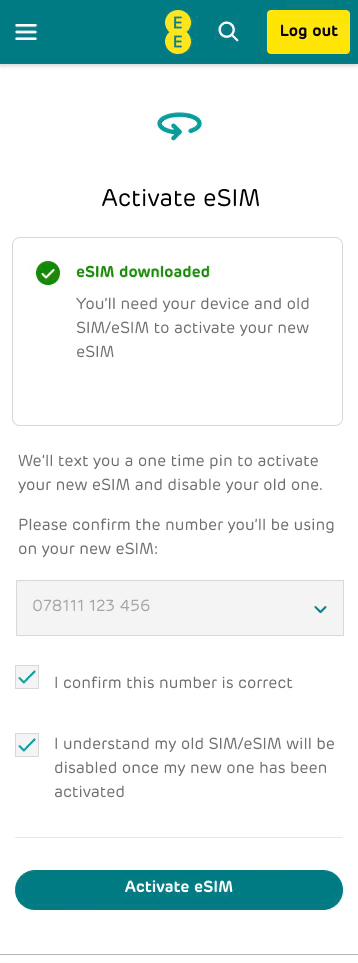 UI designs for MyEE showing that an eSIM has been downloaded.