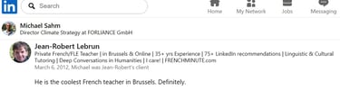 M. M. Sahm's LinkedIn testimonial for J.-R. Lebrun, French teacher | Brussels, av. Couronne | bus 95