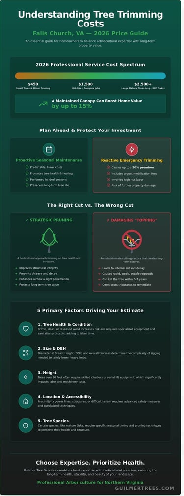 Infographic showing 2026 tree trimming costs in Falls Church, VA to guide homeowners on local pricing.
