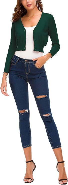 Women's 3/4 sleeve cropped cardigan with an open-front bolero shrug design, perfect for layering 