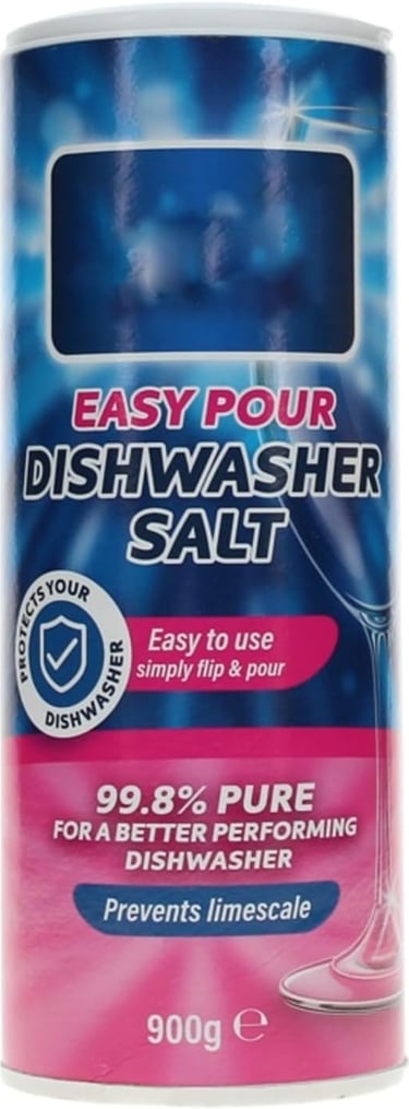 Easy Pour 900g dishwasher salt canister for limescale protection and machine performance.