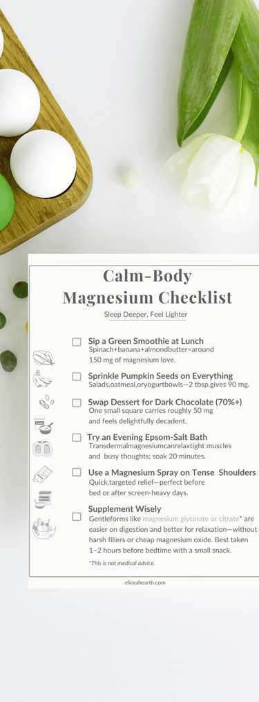 Calm-body magnesium checklist mock-up with soft floral background, featuring white flowers, green fl